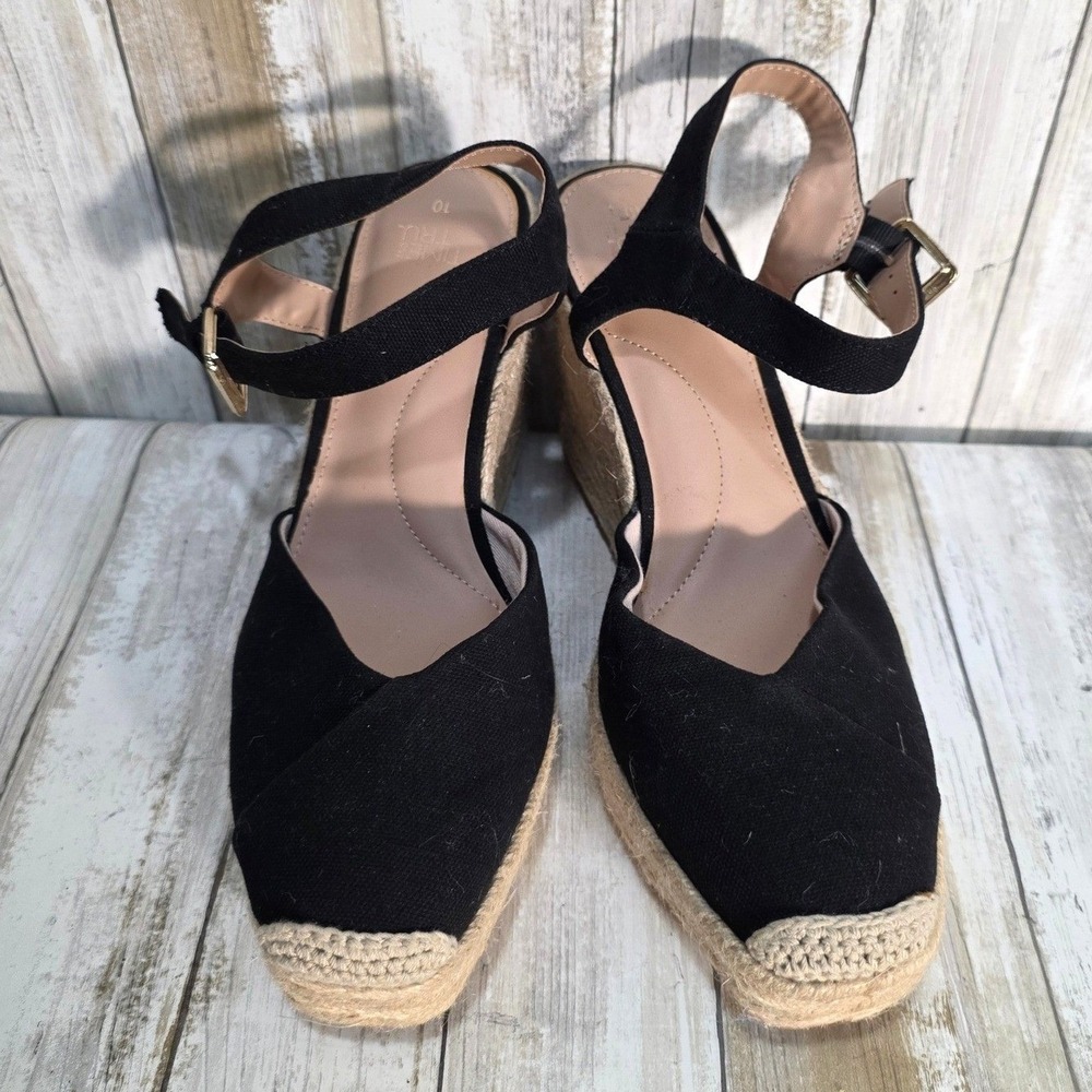 Time and Tru Black Espadrille Wedge Sandals Ankle Strap Square Toe Women Size 10